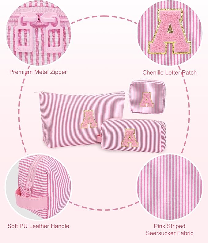 MONSTINA Personalized Initial Makeup Bagfor Women,Make Up Case for Girlfriend Bridesmaid Wife,Birthday Gift for Her Cute Toiletry Bag,3PCS,Pink Z