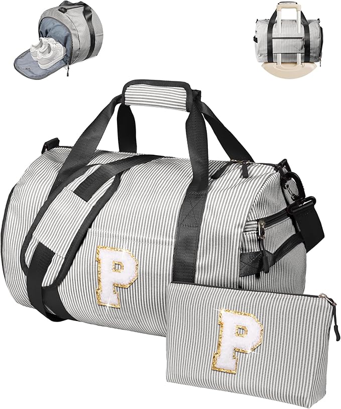 Tween Girl Gifts Trendy Stuff, Girls Travel Duffle Bag, Kids Initial Overnight Bags with Shoe Compartment, Monogram Weekender Bag with Makeup Pouch, Birthday Gifts for Daughter(Letter P)
