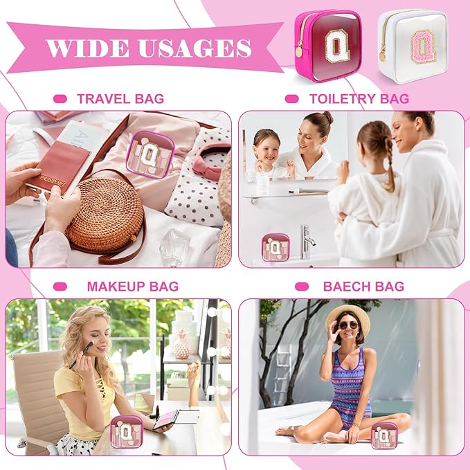Personalized Initial Letter Clear Preppy Makeup Bag,Mini Nylon Chenille Letter Cosmetic Bag Cute Zipper Pouch Coin Purse for Teen Girls,Portable TSA Approved Travel Essentials Bag Gift for Women,Q