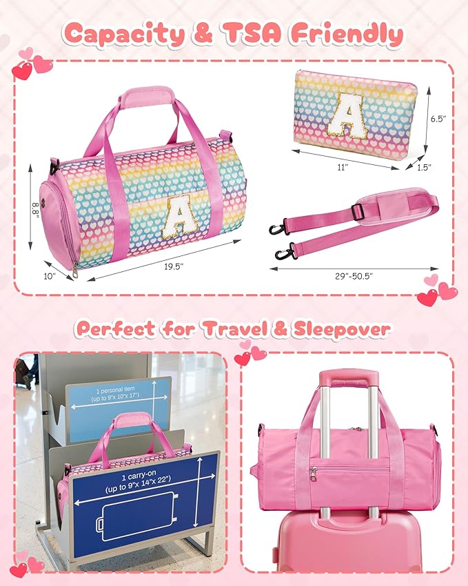Birthday Gifts for 12 Year Old Girl, Girls Travel Duffel Bag, Kids Initial Overnight Bags with Shoe Compartment, Personalized Weekender Bag with Makeup Pouch, Trendy Stuff (Letter B)