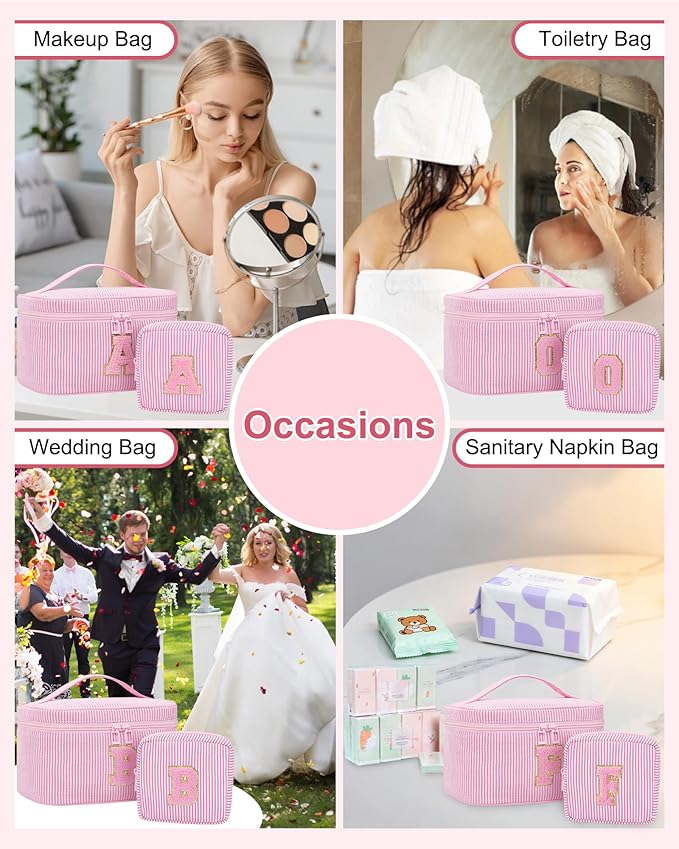 Monogram Cosmetic Bag with Brush Holder,Gifts for Girls Teen Girls-Initial Makeup Bag|Personalized Gifts for Women Friends|Cute Toiletry Make Up Traveling Stuff Organizer 2PCS Pink D