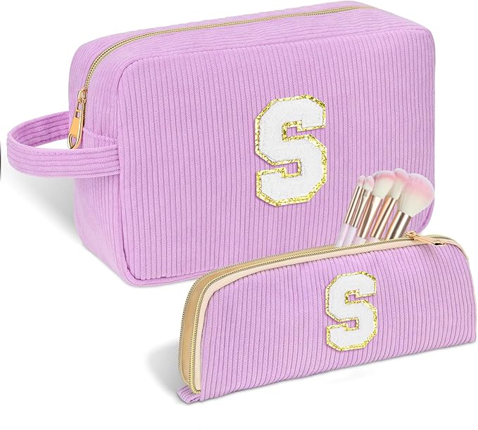 Personalized Initial Makeup Bag Trendy Stuff Corduroy Cosmetic Bag Travel Toiletry Bag for Women, Christmas/Thanksgiving/Halloween Gifts Makeup Organizer Case for Teen Girls Mom Girlfriend Wife.