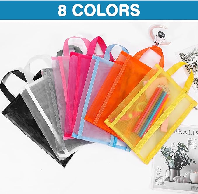 6 Pack Mesh Zipper Pouch Bags, Double Layer Nylon Pouch with Handle for Office Travel Organization (Black, A5)