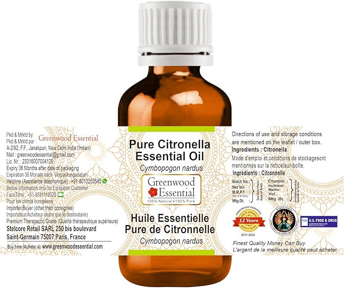 Greenwood Essential Pure Citronella Essential Oil (Cymbopogon nardus) Steam Distilled 50ml (1.69 oz)