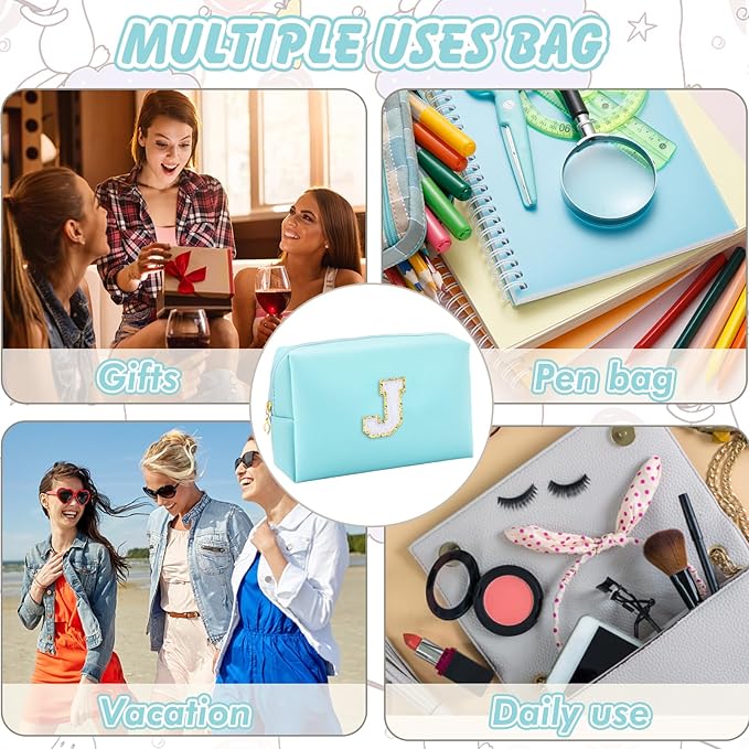 Gifts for Girls Initial Makeup Bag Personalized Cosmetic Bag with Zipper Cute Travel Toiletry Bag Waterproof PU Preppy Makeup Pouch Birthday Gift for Teen Girls Women(Blue J)