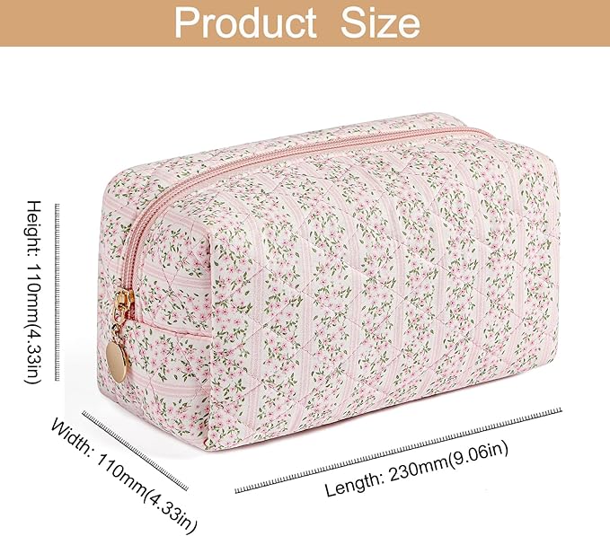 Makeup Bag Travel Cosmetic Bag for Women Girls, Zipper Make Up Pouch, Floral Flowers Toiletry Organizer Makeup, Portable Storage Cosmetic Travel Cloth Bag (Pink+Blue Bow Tie)