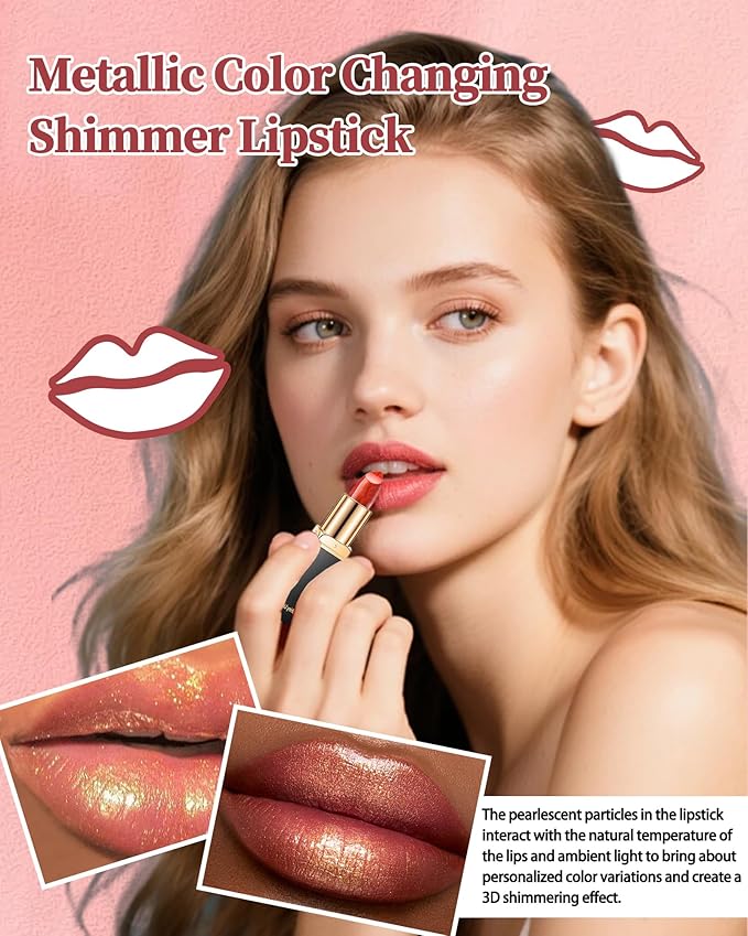 Metallic Coral Changing Shimmer Lipstick for Women,3D Shine High Impact Long Lasting Hydrating Transfer Proof Lipstick,Creamy Matte Non Sticky Plumping Lip Gloss,Full Coverage Lip Color Makeup Gift 02