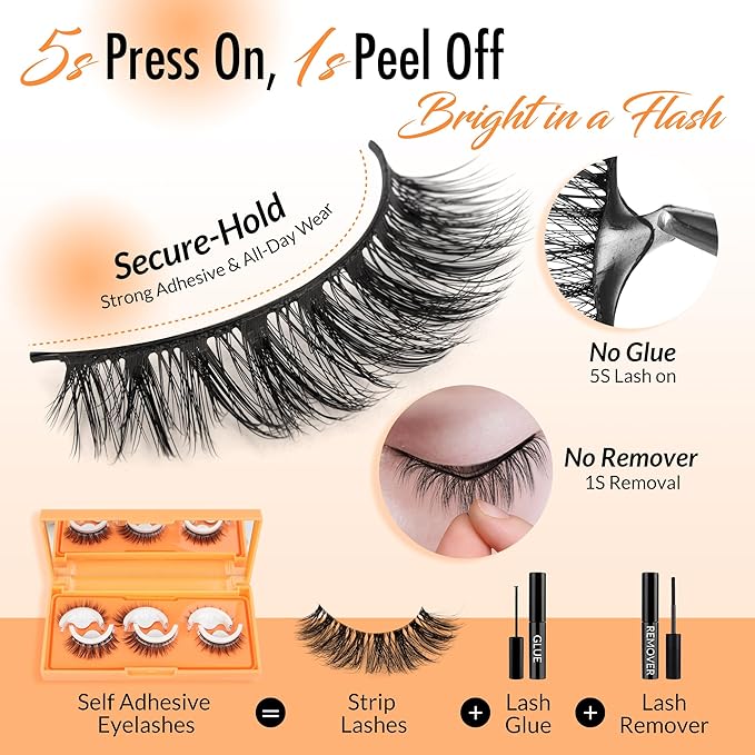 Bepholan Self Adhesive Eyelashes Natural Look No Glue Need Eyelashes,Press On Lashes,Reuseable Waterproof Fake Eyelashes Wispy with Tweezer 3 Pairs Eyelashes of 6 Pairs Adhesive Strips