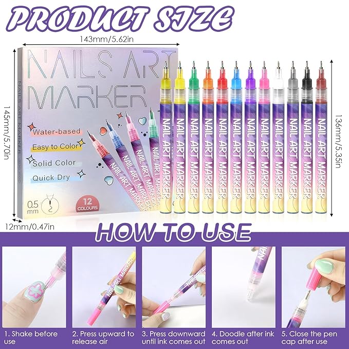 12 Color Nail Art Pens for Painting Nails, 2026 New Nail Art Markers for Gel Nails, DIY Nail Art Marker Drawing Painting Liner Pen for Home Salon Quickly Dry Nail Art (1 Pack)