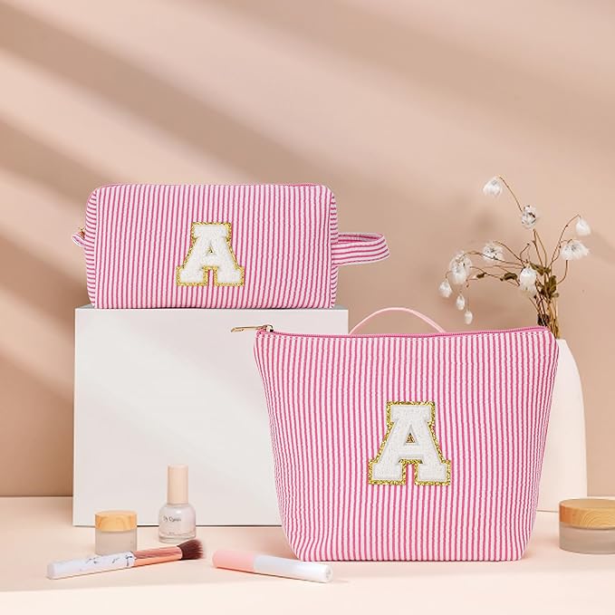 Sister Birthday Gifts for Girls - Travel Makeup Bag, Big Sister Gifts for Girls 6-12 Year Old Girl Gift Teen Girl Gifts Trendy Stuff, Cute Stuff Initial Makeup Bags Set, Pink Letter S