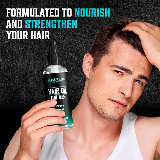 Viking Revolution Hydrating Hair Oil for Men - Mens Hair Oil Men with Vitamin E Dry Hair Oils with Argan Oil - Sunflower Seed Oil Hair Serum Repair, Hidrate Hair Treatment Oils (3.38 fl Oz)