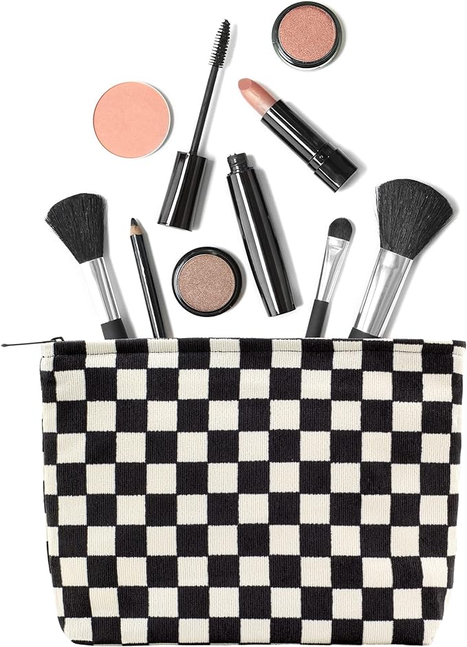 PAZIMIIK Makeup Bag Large Zipper Corduroy Make Up Pouch for Purse Travel Canvas Cosmetic Organizer for Women Brush Storage,Checkered Black