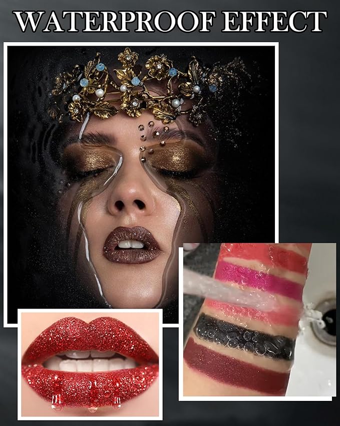 Diamond Glitter Matte Lipstick, Shiny Lip Gloss, Sparkling High Pigment Longlasting Waterproof Smudgeproof Non-Stick Cup Lipstick,Shimmer Tinted Lip Blam,Thanksgiving Makeup Gift for Women Girl-02