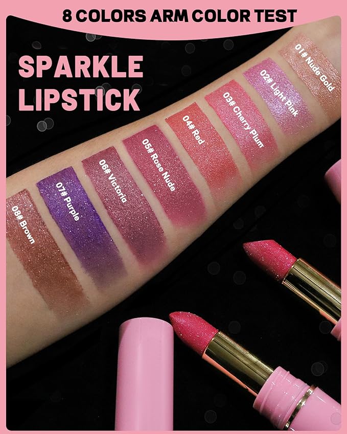 Glitter Metallic Shimmer Lipstick Long Lasting,Glitter Diamond Shine Red Color Matte Lipstick Transfer Proof Non-Stick Lip Gloss Shimmer Highly Pigmented Full Coverage Lip Makeup for Women-01
