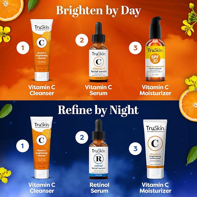 TruSkin Face Serum Duo – Vitamin C & Retinol Serum for Face – Anti-Aging Skin Care Gift Set for Women – Helps Improve Appearance of Fine Lines & Wrinkles for Smoother Looking Skin, 1 Fl Oz, 2 Bottles