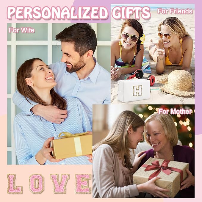 Personalized Chenille Letter Preppy Makeup Bag, Small White Travel Cosmetic Bag Initial Toiletry Zipper Pouch Monogram Makeup Storage, Waterproof Makeup Storage Travel Essentials for Women(Letter H)