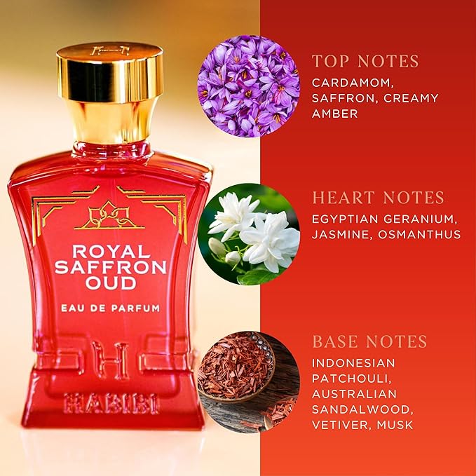 H HABIBI Royal Saffron Oud Arabian Perfume for Women – 2.5 oz (75ML) Long Lasting Women's Fragrance, Warm Woody Scent with Jasmine, Patchouli, Sandalwood & Amber Notes