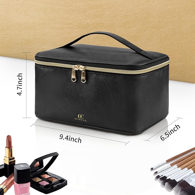 OCHEAL Makeup Bag, Portable Cosmetic Bag, Large Capacity Travel Makeup Case Organizer, Black For Women Toiletry Bag for Girls Traveling With Handle and Divider