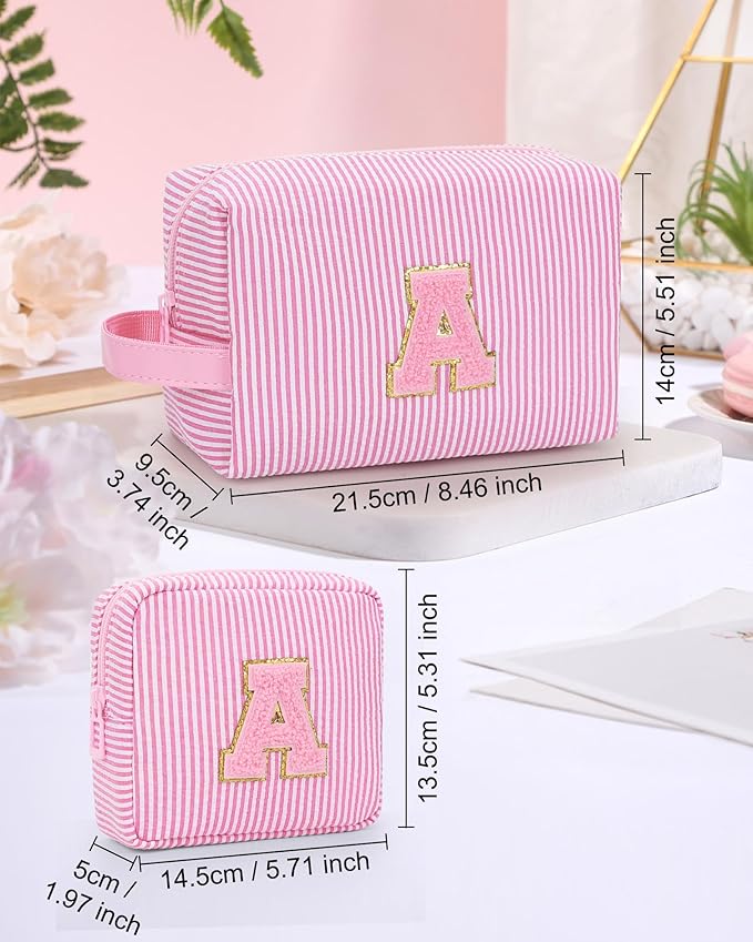 MONSTINA Initial Makeup Bag for Women,Personalized Make Up Case for 10 11 12 13 14 15 16 17 18 Years Old Teen Girls Gifts|Cute Toiletry Bag Preppy Chenille Letter Patch,Pink F
