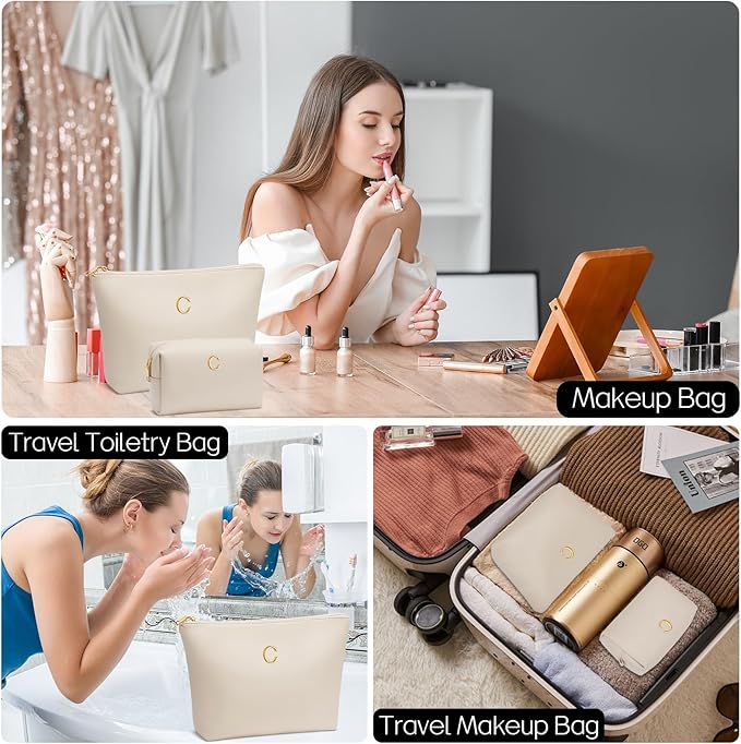Women Gifts | Initial Makeup Bag Set for Girl Personalized Gifts for Bridesmaid Friend Graduation Teachers PU Leather Cosmetic Travel Toiletry Bag(Beige,C)