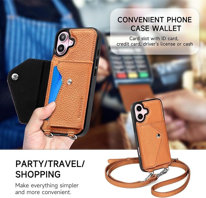 LUCKYCOIN Crossbody Wallet Phone Case for iPhone 16,100% Genuine Leather Wallet Phone Case with Expandable Flip Card Holder,Phone Purse for Women with Adjustable Removable Strap - Pebble Brown