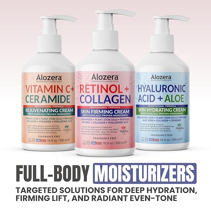 Alozera Skin Firming Retinol Collagen Body Lotion with Stem Cells for Aging Skin and Wrinkles, Non-Greasy, Lightweight Moisturizer, Fragrance-Free, 16.9 oz