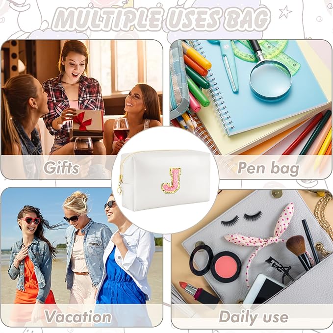 Initial Makeup Bag Personalized Preppy Travel Small Cosmetic Bag Cute PU White Chenille Letter Makeup Pouch for Purse Waterproof Zippered Toiletry Organizer for Women Girls Kids Friends (J)