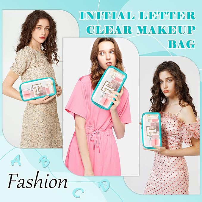 Personalized Initial Letter Clear Makeup Bag,Preppy Small Nylon&PVC Cosmetic Zipper Bag with Chenille Letter,Portable Beach Travel Skincare Toiletry Bag,Trendy Monogram Gift for Teen Girls Women,T