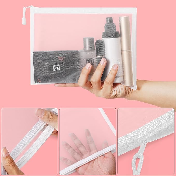12 Pieces Zipper Nylon Mesh Pouch, Mesh Cosmetic Bags Makeup Bags Pencil Case, Multipurpose Travel Bags for Cosmetic School Office Supplies and Travel Accessories (White, A5+B6)