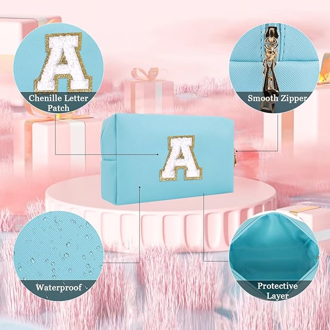 Small Personalized Letter Makeup Bag, Cute PU Leather Chenille Letters Cosmetic Bag Travel Makeup Pouch, Preppy Travel Organizer Zipper Pouch for Women&Girls（Blue-A）