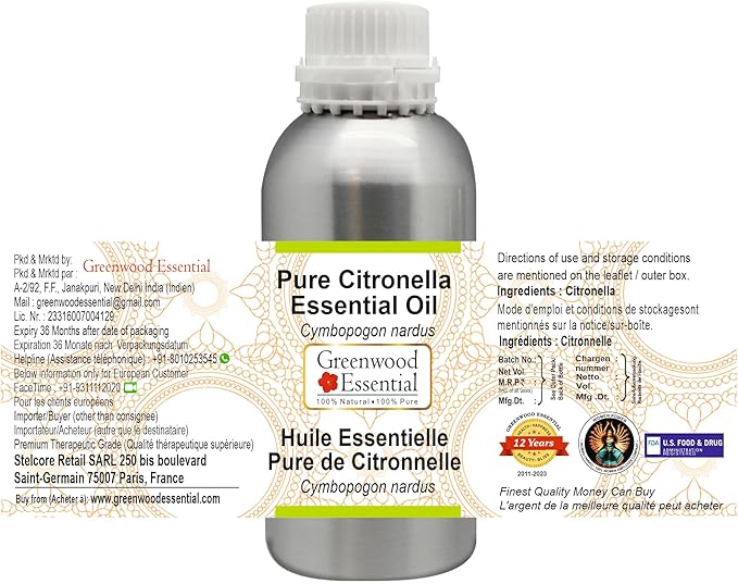 Greenwood Essential Pure Citronella Essential Oil (Cymbopogon nardus) Steam Distilled 630ml (21.3 oz)