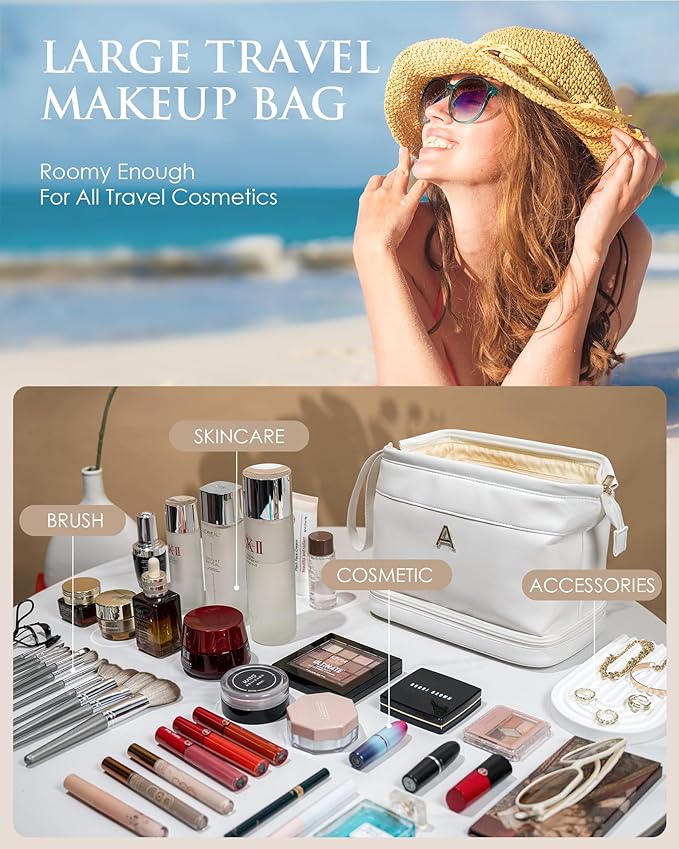 Personalized Gifts, Initial Makeup Bag, Personalized Double Layer Cosmetic Bag with Makeup Brush Organizer, Large Capacity PU Leather Travel Toiletry Bag Bride Gifts, Bridal Party Gifts