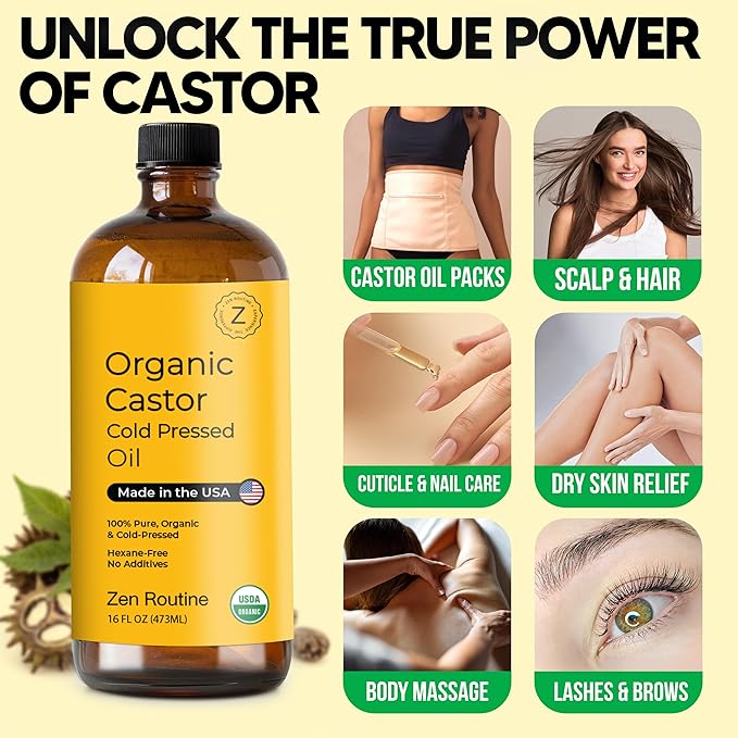 Zen Routine Organic Castor Oil (32oz Big Glass Bottle) Hexane Free – Hair Growth Oil, Eye Lashes & Stomach – Pure 100% Cold Pressed Unrefined Oil for Castor Pack – USDA Certified, Made in the USA