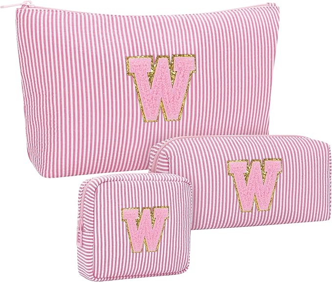 MONSTINA Personalized Initial Makeup Bag for Women,Make Up Case for Girlfriend Bridesmaid Wife,Maid Matron of Honor Gift, Bride to be Gifts,Bachelorette Party Favors,Birthday Gift for Her Pink W