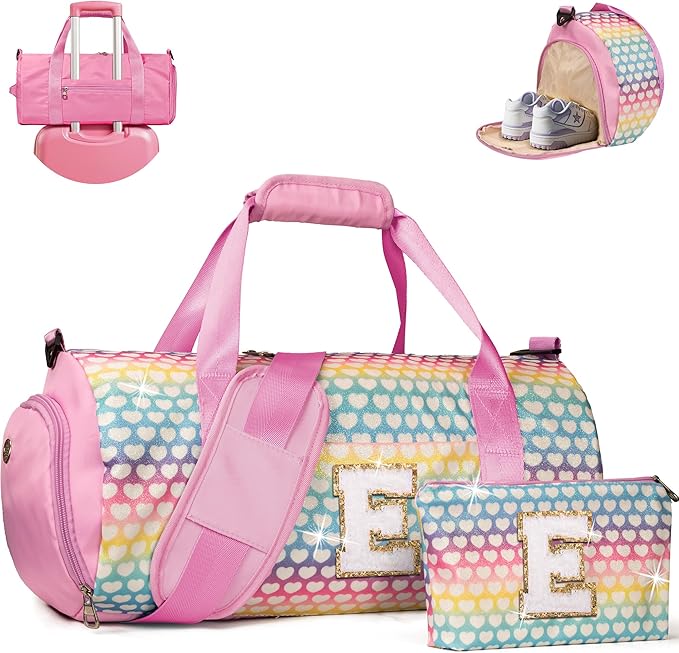 Gifts for 8 Year Old Girl, Girls Travel Duffel Bag, Kids Initial Overnight Bags with Shoe Compartment, Personalized Weekender Bag with Makeup Pouch, Gift for Grandkids (Letter E)