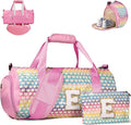 Gifts for 8 Year Old Girl, Girls Travel Duffel Bag, Kids Initial Overnight Bags with Shoe Compartment, Personalized Weekender Bag with Makeup Pouch, Gift for Grandkids (Letter E)