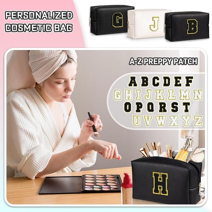 TOPEAST Preppy Small Makeup Bag, Chenille Letter Pouch Cosmetic Bag With Zipper, PU Leather Waterproof Toiletry Bag, Personalized Birthday Gift for Women, Cute Stuff for Girls (Black D)
