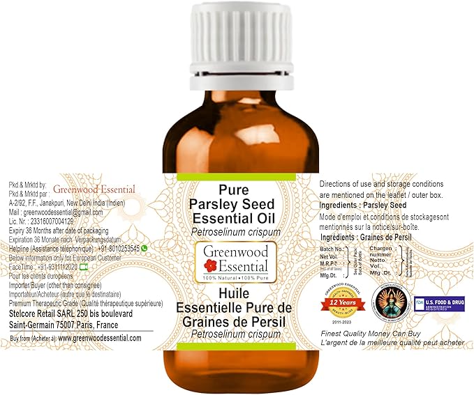 Greenwood Essential Pure Parsley Seed Essential Oil (Petroselinum crispum) Steam Distilled 10ml (0.33 oz)