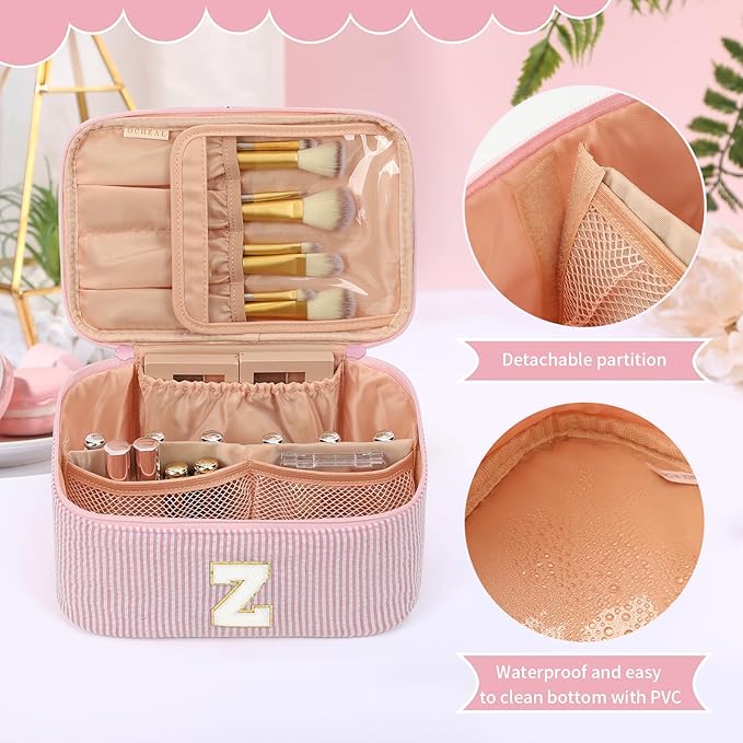 OCHEAL Makeup Bag for Women, Monogram Cosmetic Bag with Brush Holder, Pink Travel Makeup Case Beauty Toiletry Bag Organizer Personalized Gifts for Girls Bridesmaid, Sister, Wife, Friends Initial Z