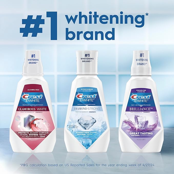 Crest Mouthwash/Mouth Rinse, 3D White Brilliance Whitening, Alcohol Free, Clean Mint, 2x1L (33.8 fl oz)