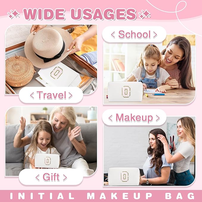 Small Initial Patch Makeup Bag Personalized Gifts Make Up Bag,White Cute PU Leather Glitter Letter Cosmetic Bag with Zipper,Trendy Portable Travel Toiletry Pouch,Preppy Stuff for Teen Girls Women O