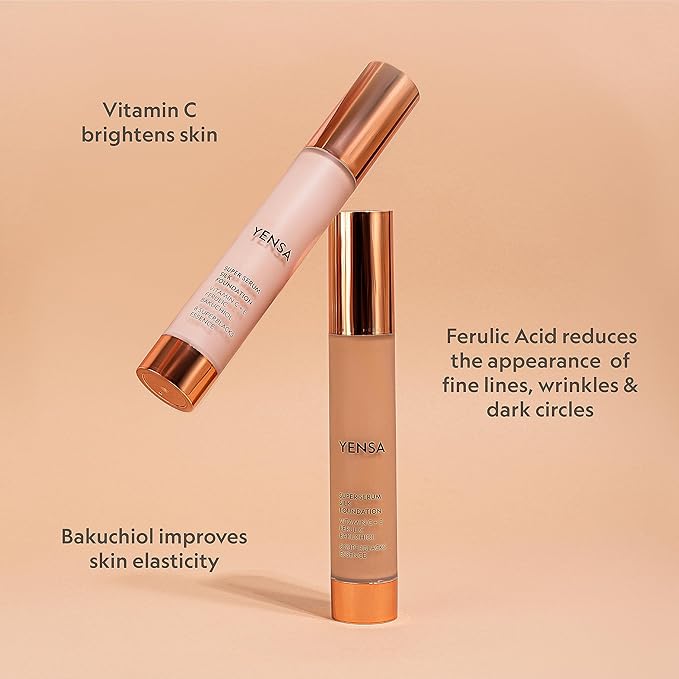 YENSA Serum Foundation Makeup - Super Silk Full Coverage Foundation Enriched with Peptides, Vitamin C & Ferulic Acid to Help Reduce Fine Lines, Wrinkles & Dark Circles - Deep 1 (1 oz)