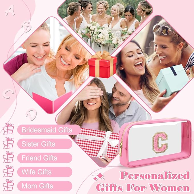 Personalized Initial Letter Clear Makeup Bag,Preppy Small Nylon&PVC Cosmetic Zipper Bag with Chenille Letter,Portable Beach Travel Skincare Toiletry Bag,Trendy Monogram Gift for Teen Girls Women,C