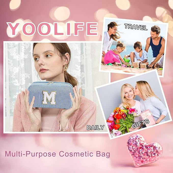 YOOLIFE Travel Makeup Cosmetic Bag - Personalized Monogram Cute Green Initial Makeup Bags Cosmetic Toiletry Bag Pouch Make Up Case for Women Her Mom Friend Sister Teacher, Birthday Gifts for Women V
