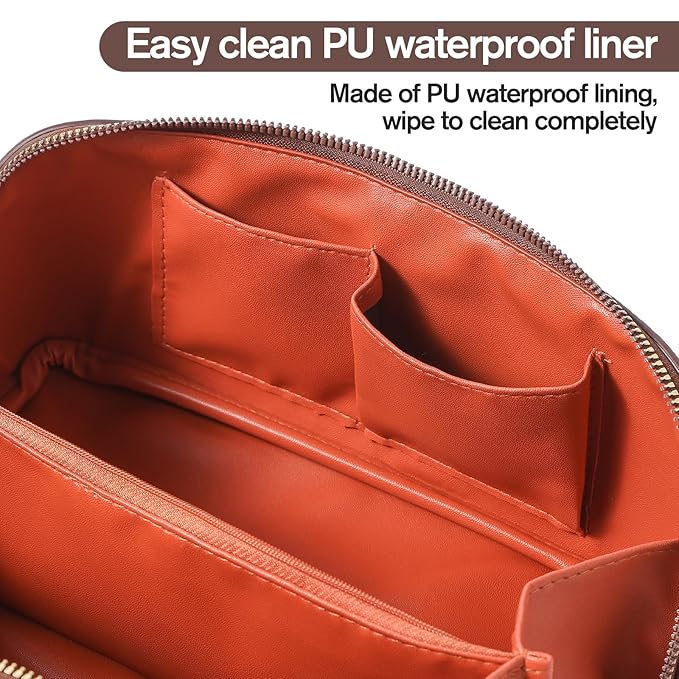 Travel Makeup Bag Travel Toiletry Bag Waterproof PU Leather Checkered Makeup Organizer Bag Woman Cosmetic Organizer Bag With Headband and Wristband Set (Brown, Checkerboard pattern)