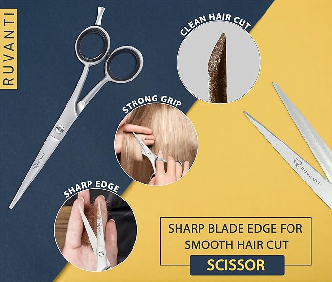 Ruvanti Hair Cutting Scissors - Professional Barber Shears For Salon & Home Use, Sharp Durable Stainless Steel Blades, Comfortable Grip Handles, Includes Case - Tijeras De Peluquería Profesional