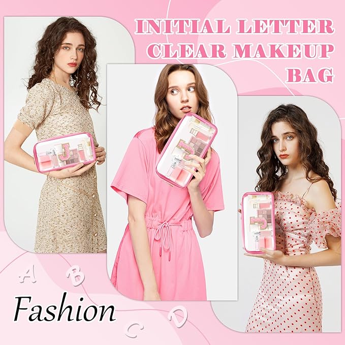 Personalized Initial Letter Clear Makeup Bag,Preppy Small Nylon&PVC Cosmetic Zipper Bag with Chenille Letter,Portable Beach Travel Skincare Toiletry Bag,Trendy Monogram Gift for Teen Girls Women,J