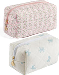 Makeup Bag Travel Cosmetic Bag for Women Girls, Zipper Make Up Pouch, Floral Flowers Toiletry Organizer Makeup, Portable Storage Cosmetic Travel Cloth Bag (Pink+Blue Bow Tie)
