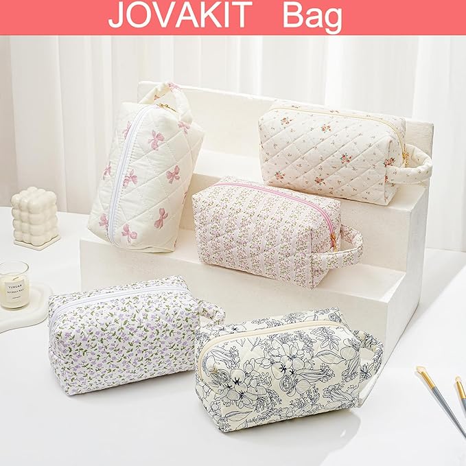 JOVAKIT Travel Makeup Bag Cosmetic Bag for Women, Christmas Gifts, Small Floral Flowers Coquette Toiletry Bag with Handle, Zipper Make Up Pouch Organizer Bag Trendy Stuff (Purple Floral)