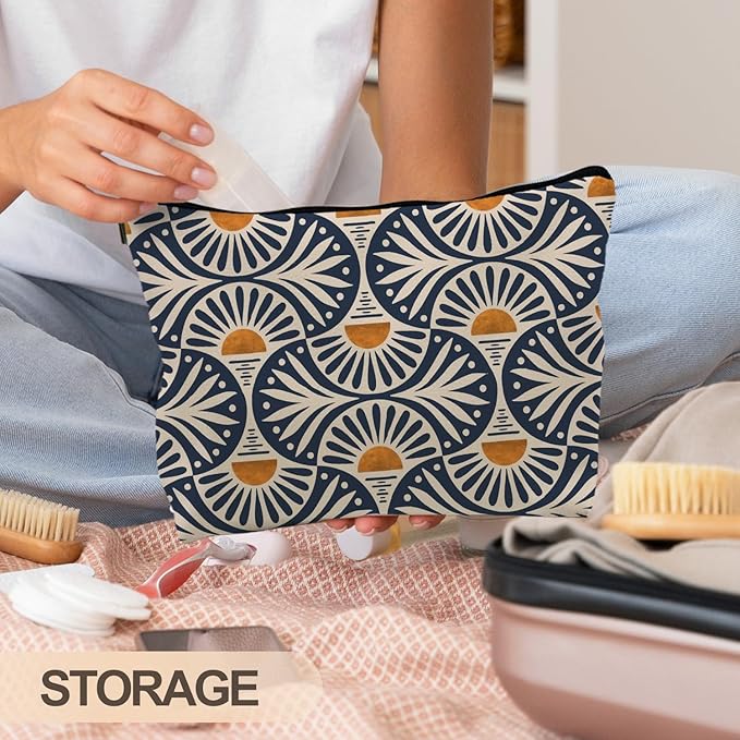 Boho Gifts for Women, Boho Orange Sunset Leaf Aesthetic Makeup Bag, Boho Makeup Bag for Women, Vintage Boho Sunrise Sunset Cosmetic Bags Toiletry Bag, Boho Beach Bag(PU)
